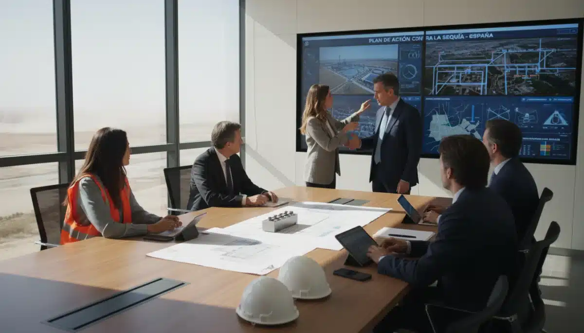 Ingenieros y funcionarios debatiendo planes para una planta desalinizadora, simbolizando las soluciones hídricas urgentes en España.