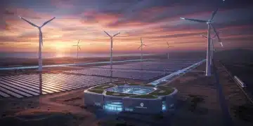 Paisaje energético futurista con turbinas eólicas, paneles solares y almacenamiento de energía, simbolizando la innovación renovable en España.