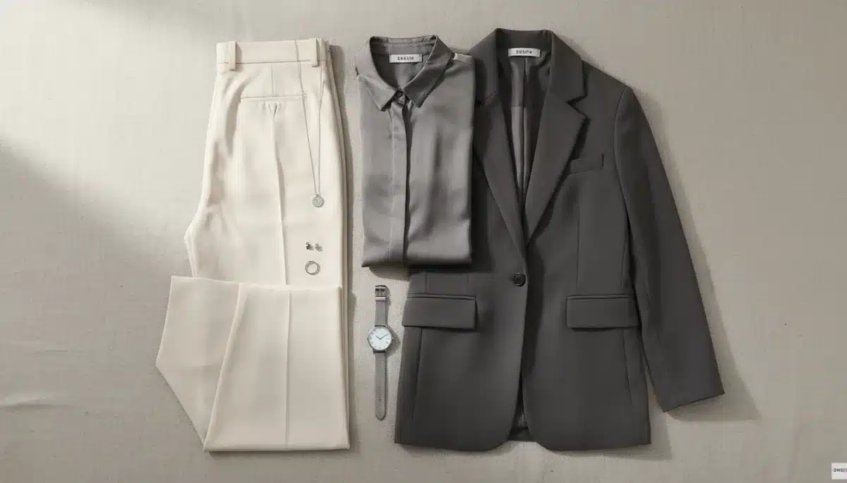 Conjunto minimalista de oficina Shein con pantalón, blusa de seda y blazer.