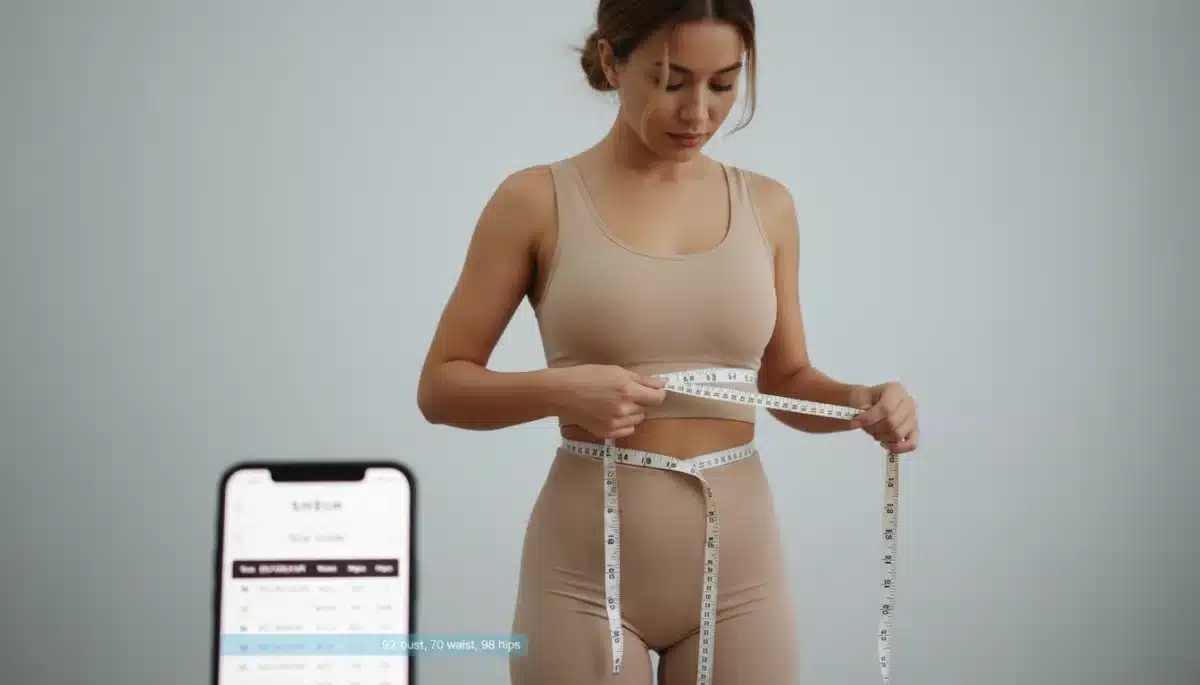 Persona midiéndose con cinta métrica y consultando la tabla de tallas de Shein en un móvil.