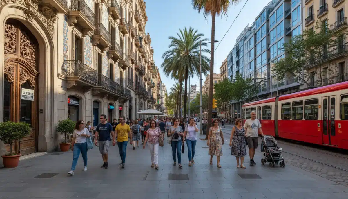 Calle bulliciosa en una ciudad española con edificios residenciales, reflejando la actividad del mercado inmobiliario urbano.