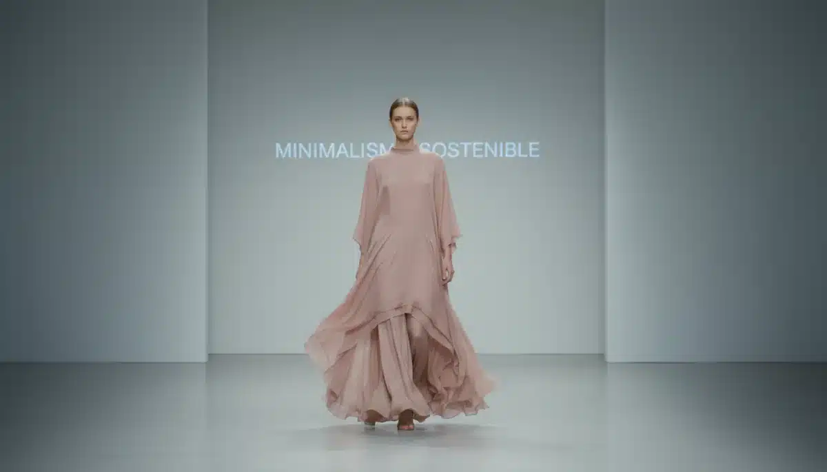 Modelo desfilando un vestido minimalista de tejido sostenible en pasarela.