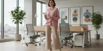 Mujer elegante con atuendo de oficina Shein en un entorno laboral moderno en 2026.