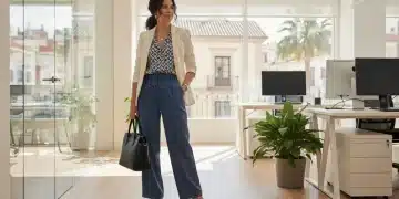 Mujer profesional con atuendo de oficina Shein elegante y moderno en un entorno laboral español.
