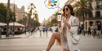 Joven sonriendo mientras compra moda Shein con grandes descuentos en su móvil en España.