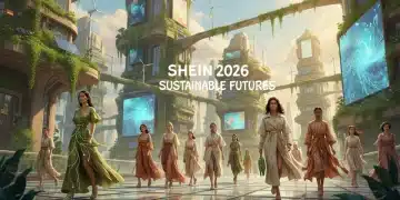 Moda sostenible futurista de Shein en un entorno urbano verde.