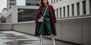 Colores de moda Shein otoño-invierno 2026: 25% de prendas con nuevas tonalidades Mujer vistiendo las nuevas tonalidades de otoño-invierno 2026 de Shein, con un abrigo burdeos y accesorios en verde bosque.