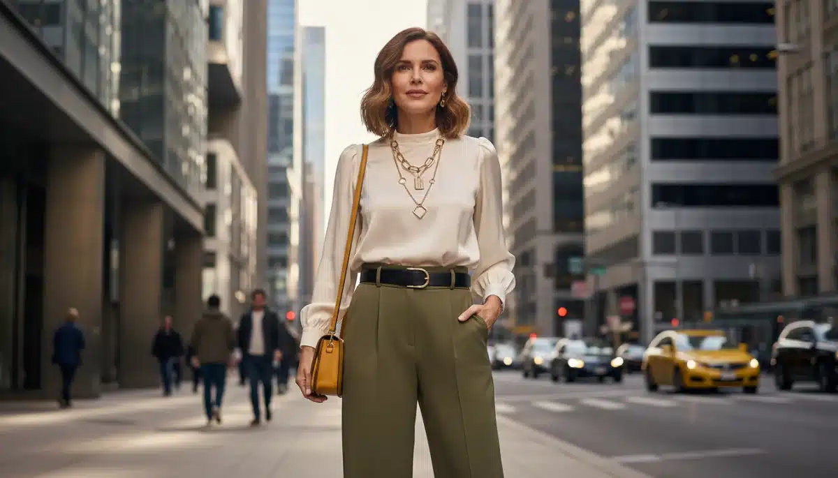 Mujer de 40 años con un look elegante y casual de Shein, combinando pantalones sastre y blusa moderna en un entorno urbano.