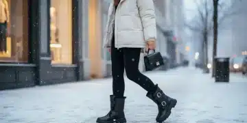 Mujer luciendo botas Shein de invierno 2026 en un entorno urbano nevado