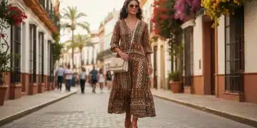 Mujer española con atuendo de Shein 2026 en calle de Sevilla