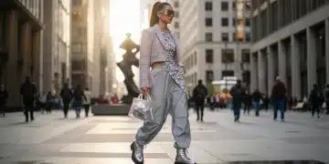 Mujer joven con estilo urbano y moderno, combinando tendencias de pasarela de Shein 2026 en su atuendo diario, paseando por la ciudad.