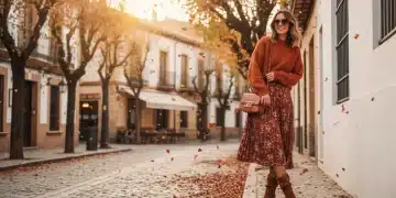 Mujer con look de otoño Shein en calle española, con jersey de punto y falda midi
