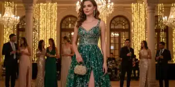 Mujer luciendo un vestido de fiesta Shein elegante y brillante en un evento de gala en España.