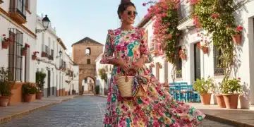 Mujer joven con vestido floral vibrante, tendencia Shein primavera 2026 en España