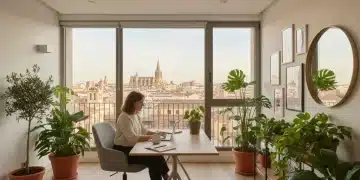 Oficina en casa moderna y luminosa, con una persona trabajando en un portátil, simbolizando el teletrabajo en España.