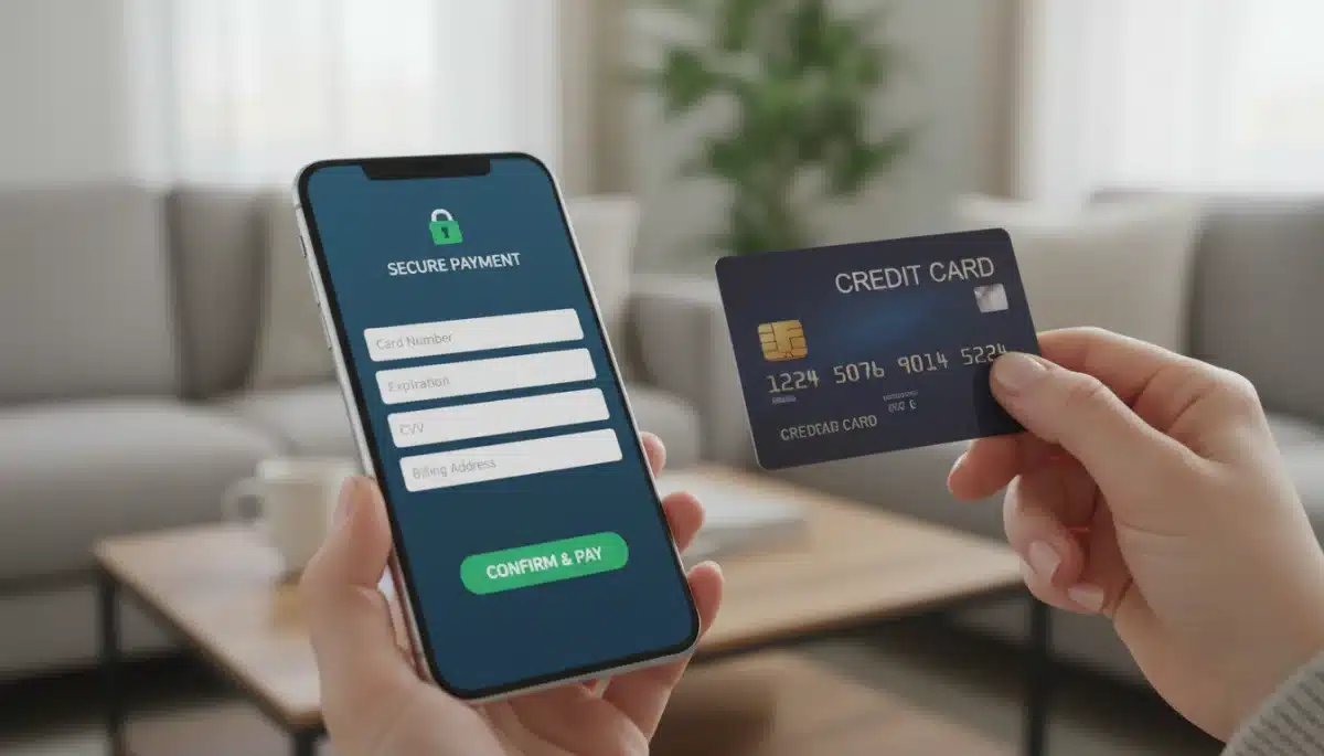 Persona realizando un pago seguro en línea con su smartphone y tarjeta de crédito.