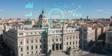 Palacio de las Cortes con gráficos digitales, simbolizando el plan de recuperación económica de España para 2026.