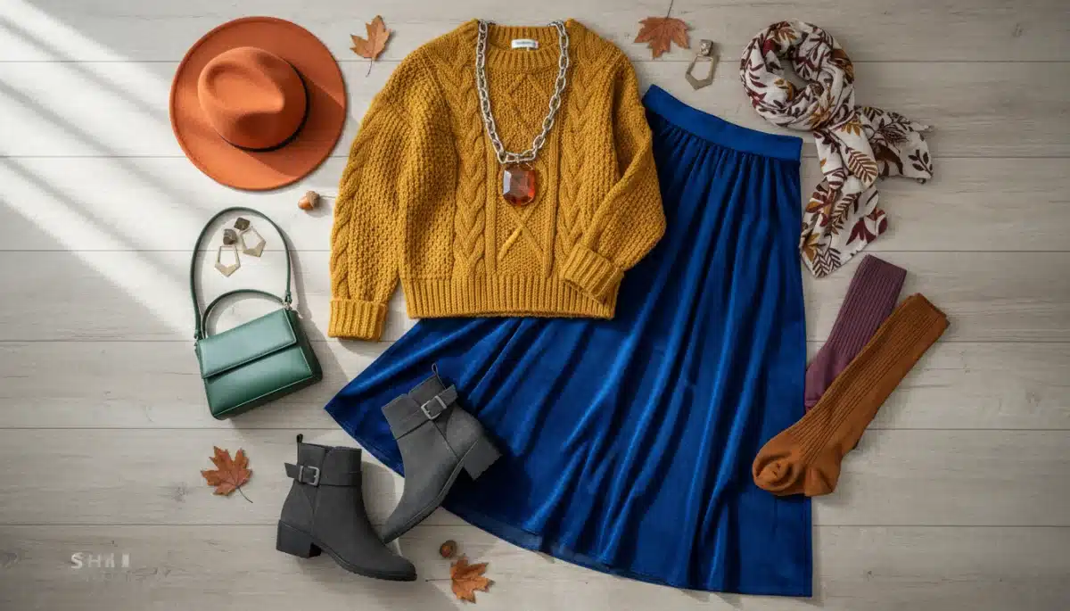 Conjunto de prendas y accesorios de Shein en los colores tendencia para otoño-invierno 2026, incluyendo un jersey mostaza y una falda azul zafiro.