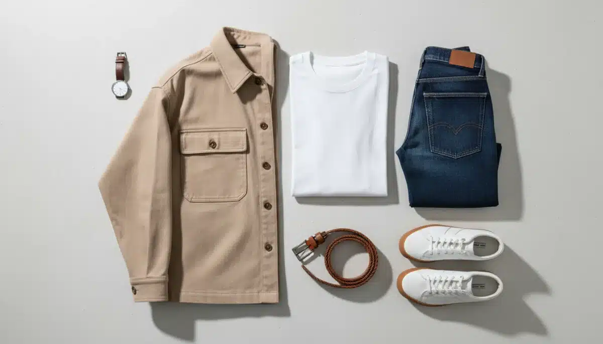 Tres prendas clave Shein para hombre: sobrecamisa, camiseta blanca y vaqueros oscuros.