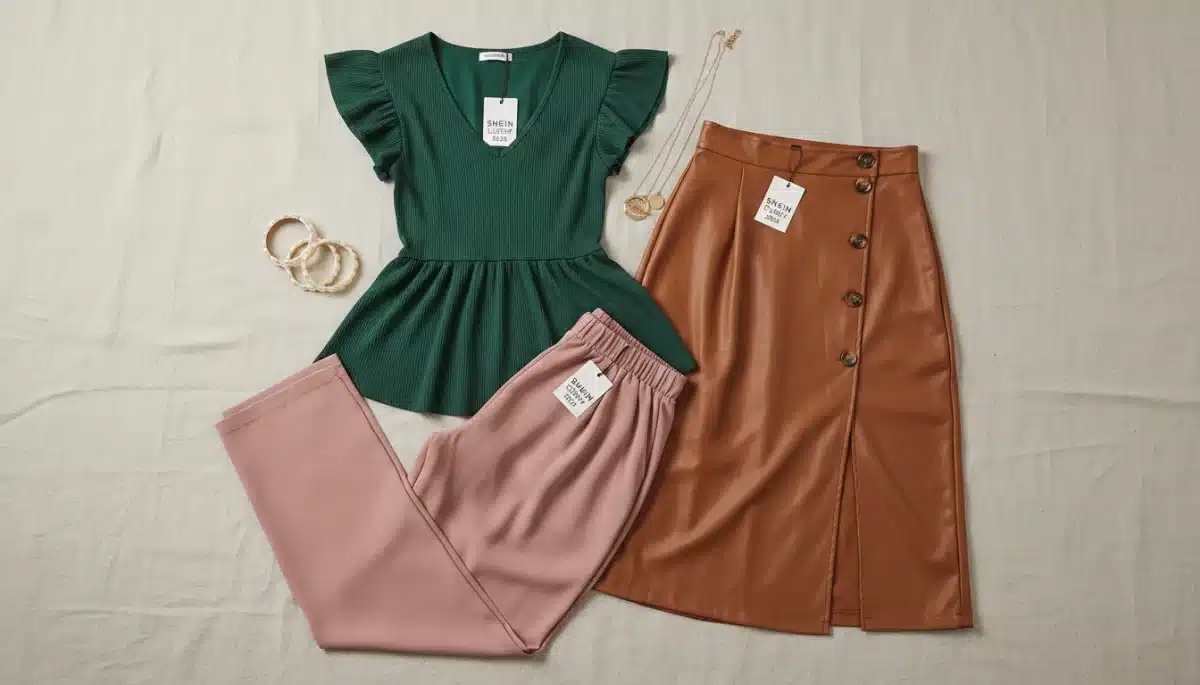Variedad de prendas curvy de Shein 2026 en un flat lay, incluyendo tops, faldas y pantalones, destacando la versatilidad.