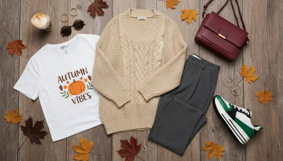 Conjunto de prendas Shein para otoño: cárdigan, pantalones, camiseta y accesorios