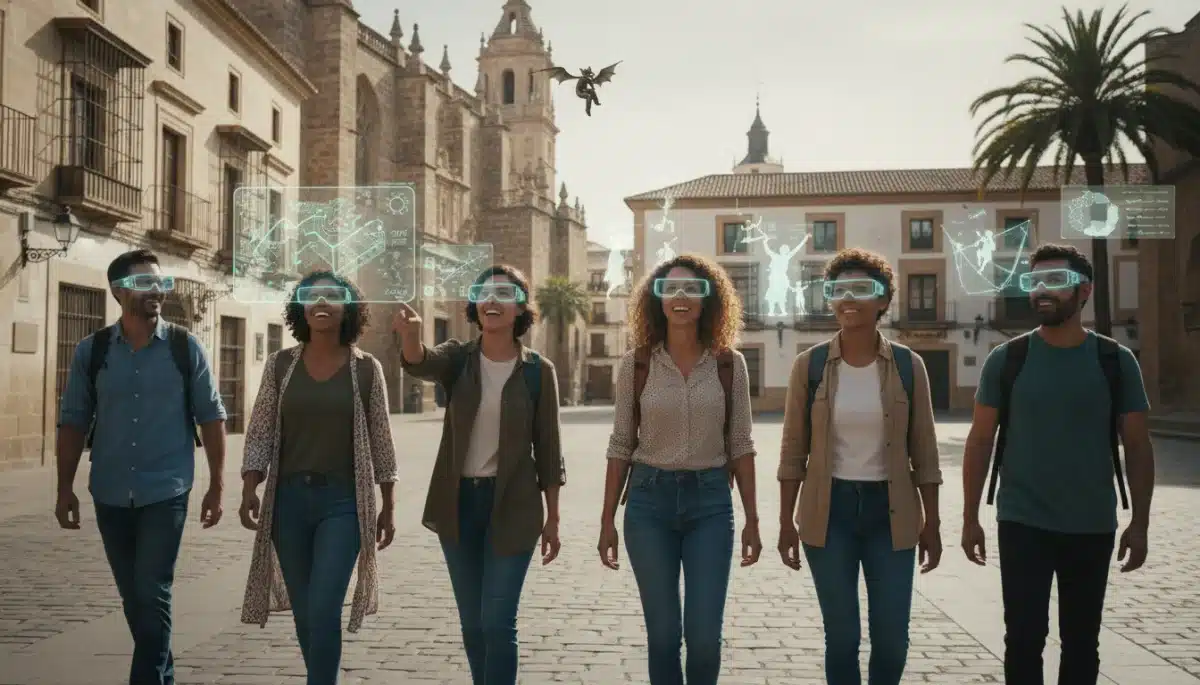 Viajeros usando gafas de realidad aumentada para explorar una ciudad histórica española, mostrando la integración tecnológica en la experiencia turística.
