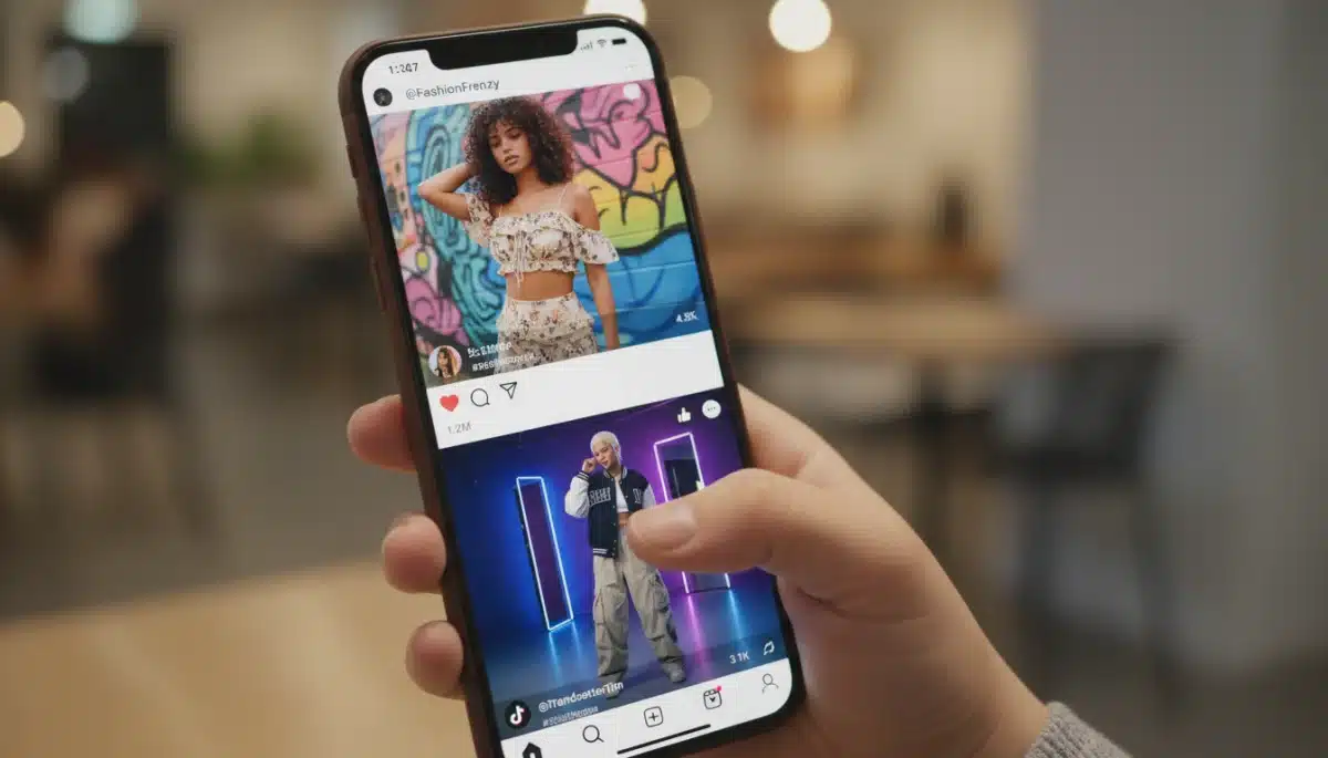 Pantalla de smartphone mostrando redes sociales con influencers de moda Shein.