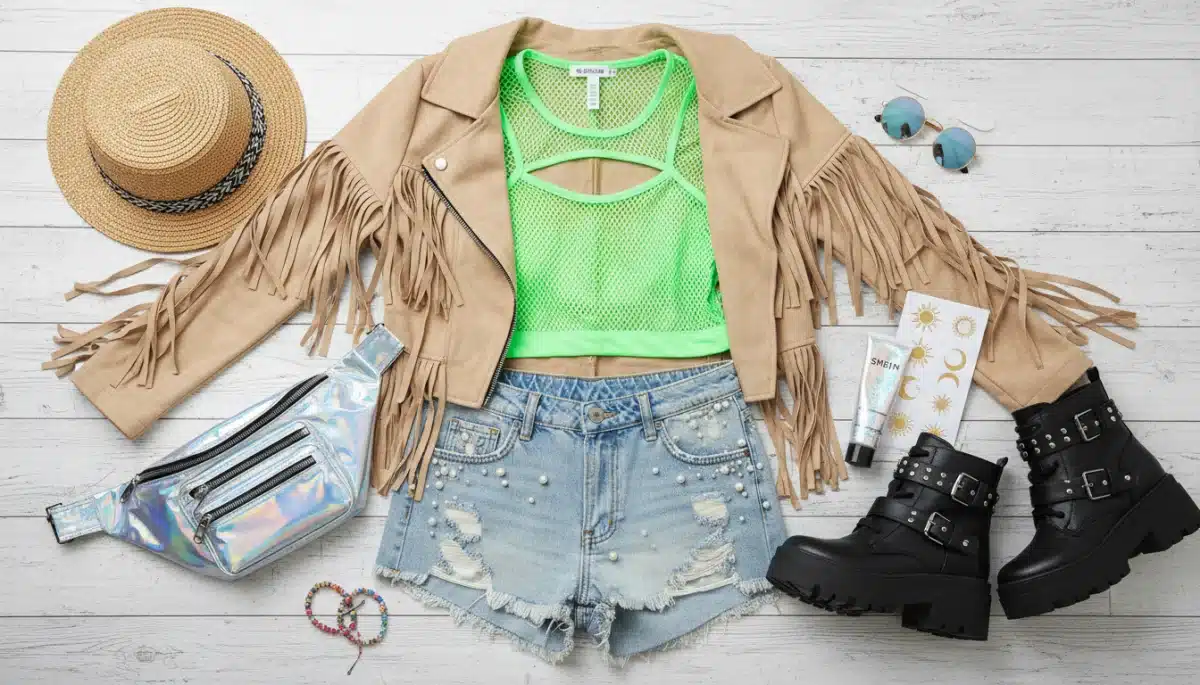 Conjunto de ropa y accesorios Shein para un festival, incluyendo top neón, shorts vaqueros y botas de plataforma.