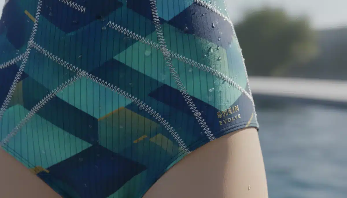Detalle de un tejido innovador y sostenible en un traje de baño de Shein para 2026, mostrando la calidad y el diseño vanguardista.