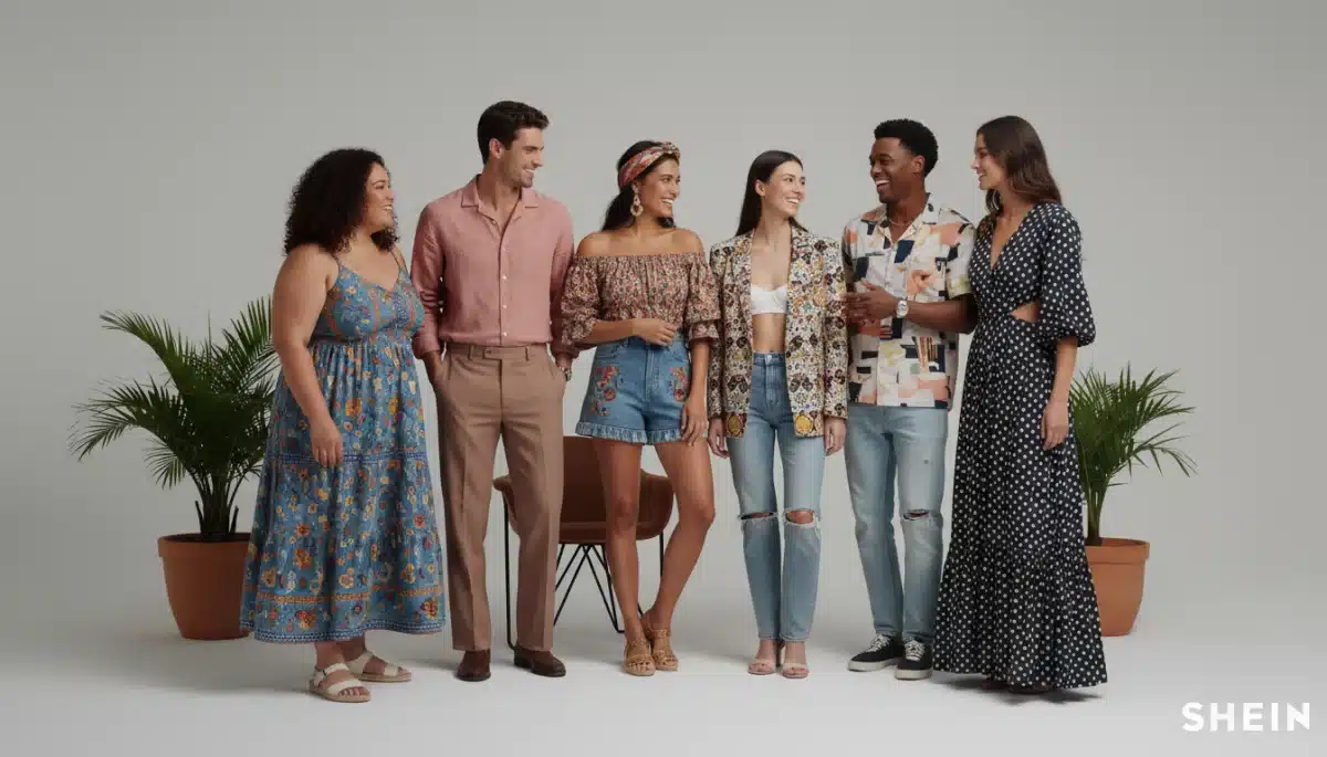 Modelos de diferentes tallas y etnias luciendo la última colección de Shein, reflejando la inclusión y diversidad de la marca.
