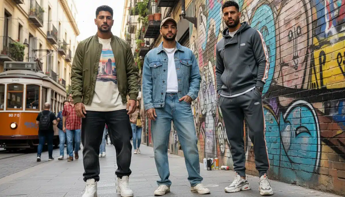 Hombres españoles con estilos retro-urbanos de Shein en un ambiente callejero.