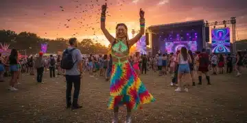 Joven con un look atrevido de Shein en un festival de música al atardecer, celebrando la moda económica y vibrante.