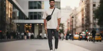 Hombre español vistiendo moda Shein minimalista funcional en un entorno urbano moderno.