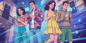 Jóvenes comprando moda online en España con móviles y tabletas, ilustrando el impacto de Shein en el sector.