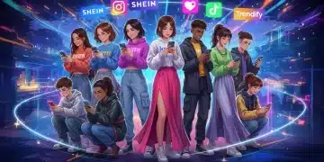 Jóvenes influencers usando ropa de Shein interactuando en redes sociales, simbolizando las microtendencias de moda de 2026.