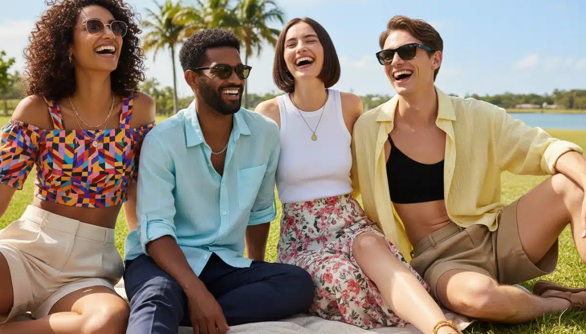 Grupo de amigos com looks variados da Shein para o Verão 2026, celebrando a diversidade da moda.
