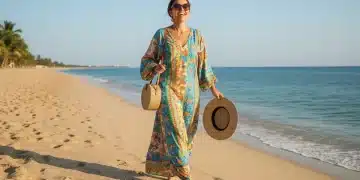 Mulher estilosa usando vestido Shein colorido na praia, representando as tendências do Verão 2026.