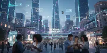 Paisaje urbano futurista de España con personas comprando en línea y gráficos de crecimiento digital.