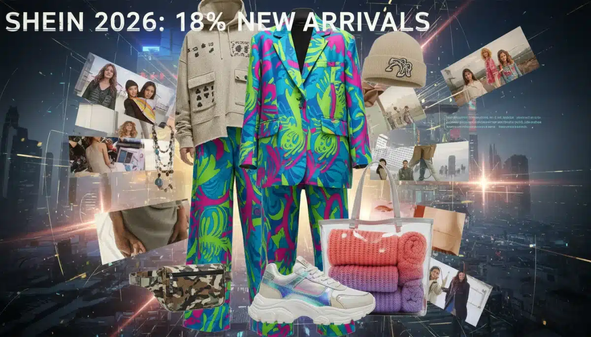 Collage de prendas y accesorios Shein que muestran el 18% de las novedades para las tendencias de moda de 2026, con estampados digitales y siluetas oversize.