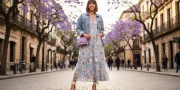Mujer española luciendo las tendencias de Shein primavera 2026 en un entorno urbano soleado.