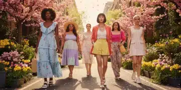Mujeres luciendo las tendencias de moda de Shein para la primavera de 2026 en un entorno urbano soleado.