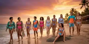 Modelos luciendo bañadores y bikinis de Shein en una playa al atardecer, destacando las tendencias del verano 2026.