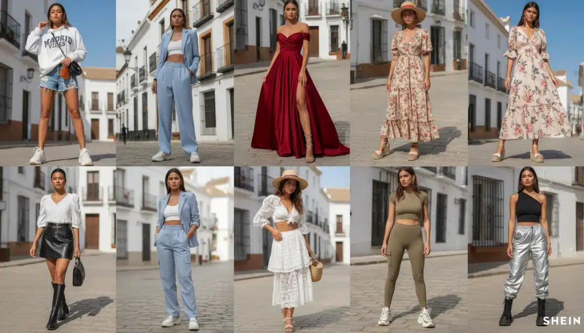 Variedad de conjuntos de Shein que representan las diversas tendencias de moda popular en España.