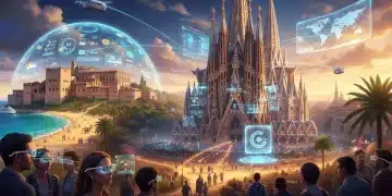 Iconos turísticos españoles fusionados con elementos tecnológicos futuristas, simbolizando el crecimiento y la innovación del turismo en 2026.