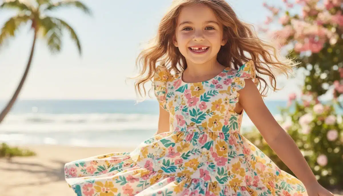 Niña luciendo un vestido floral de la colección Shein Kids Verano 2026, destacando la frescura y el diseño alegre de la prenda.
