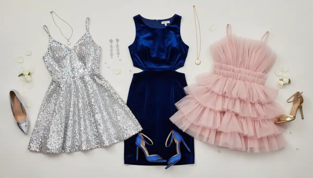 Detalle de tres vestidos de fiesta Shein de la colección 2026 con accesorios elegantes.